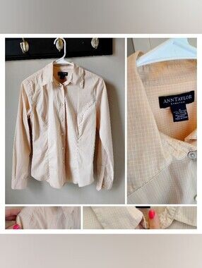 NWOT Ann Taylor cream gingham button down collared shirt